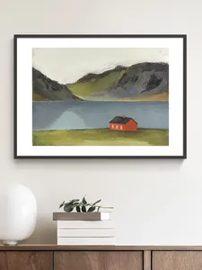 Постер 'Дом у озера' с красным домиком (40x50 см)
